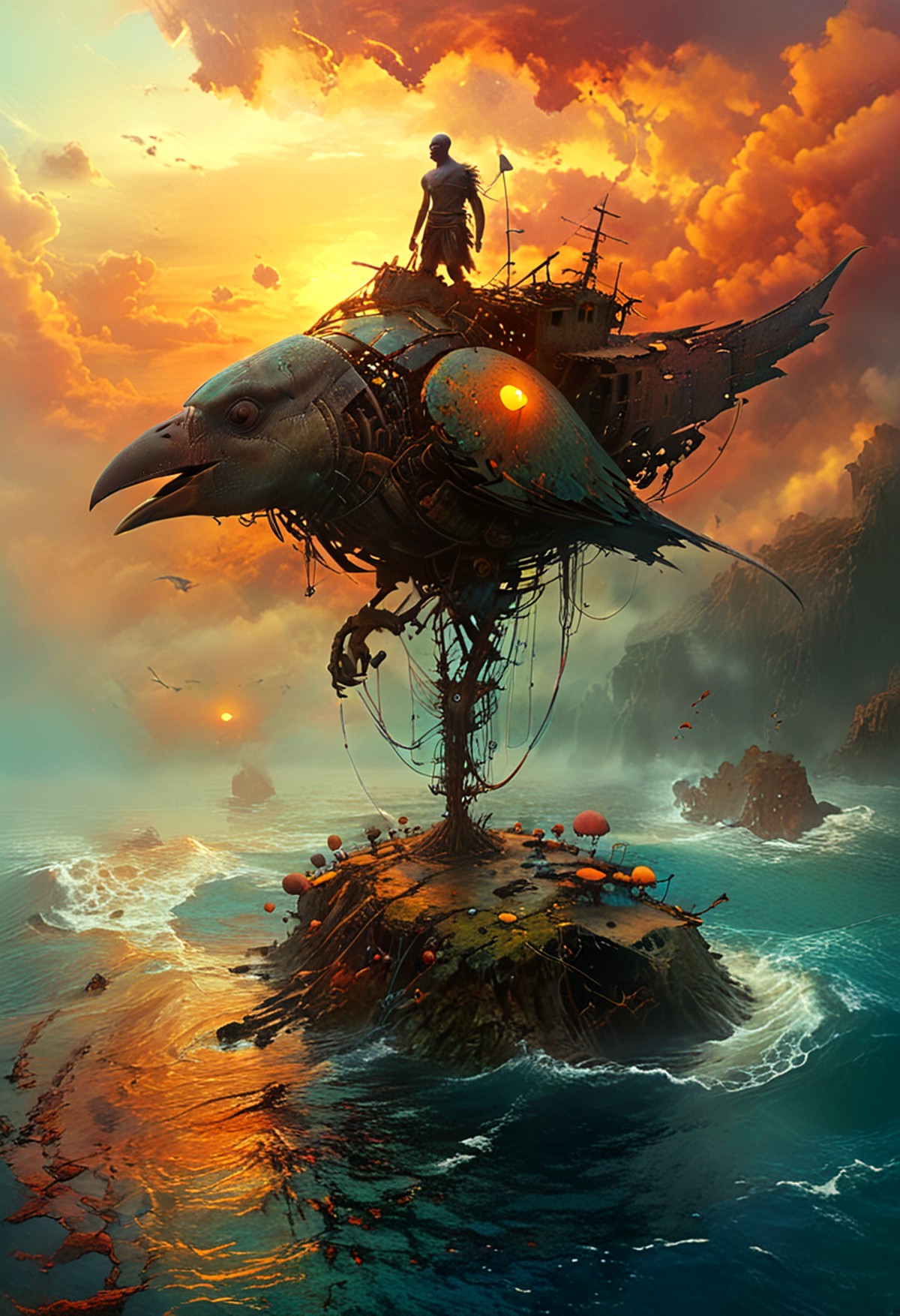 wide shot of Haroun on a mechanical bird, vibrant colors, ocean of stories, swirling waters, magical light, adventurous, s...